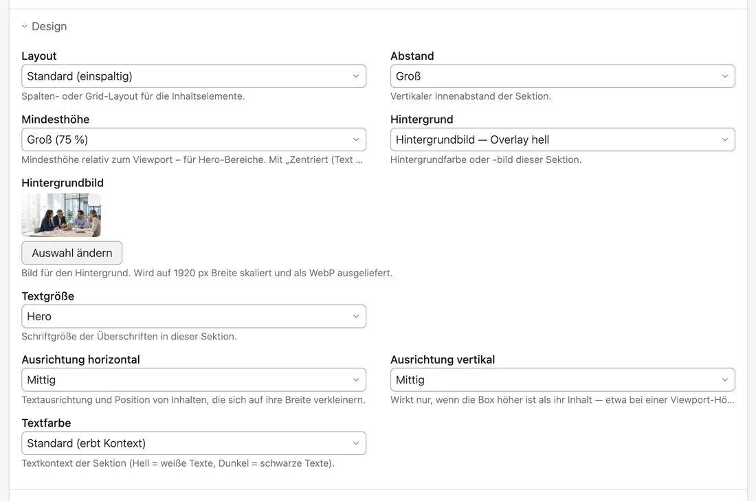 Das Register „Design“ an einem Contao-Artikel: Layout, Hintergrund, Mindesthöhe, Textfarbe und Ausrichtung als Auswahlfelder.
